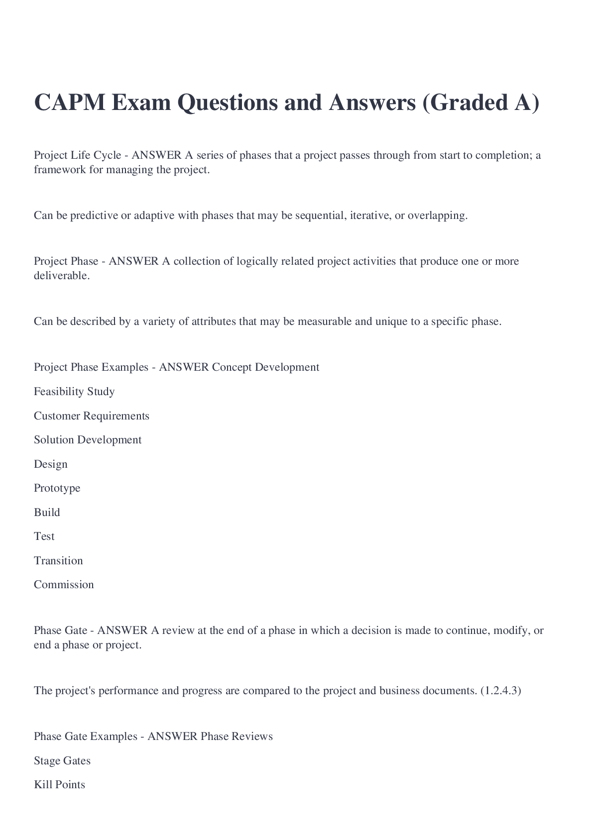 Preview image for CAPM Exam Questions and Answers (Graded A)